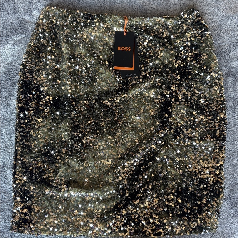 BOSS Orange Vania Sequin Pencil Skirt in Khaki Size X-Large NWT - Picture 4 of 7